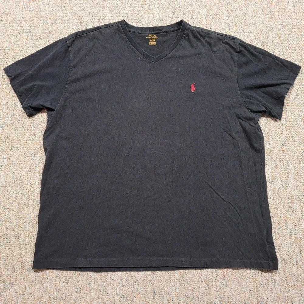 Polo Ralph Lauren Shirt Mens XL‎ Black VNeck Pullover Red Pony Rugby Tee Cotton